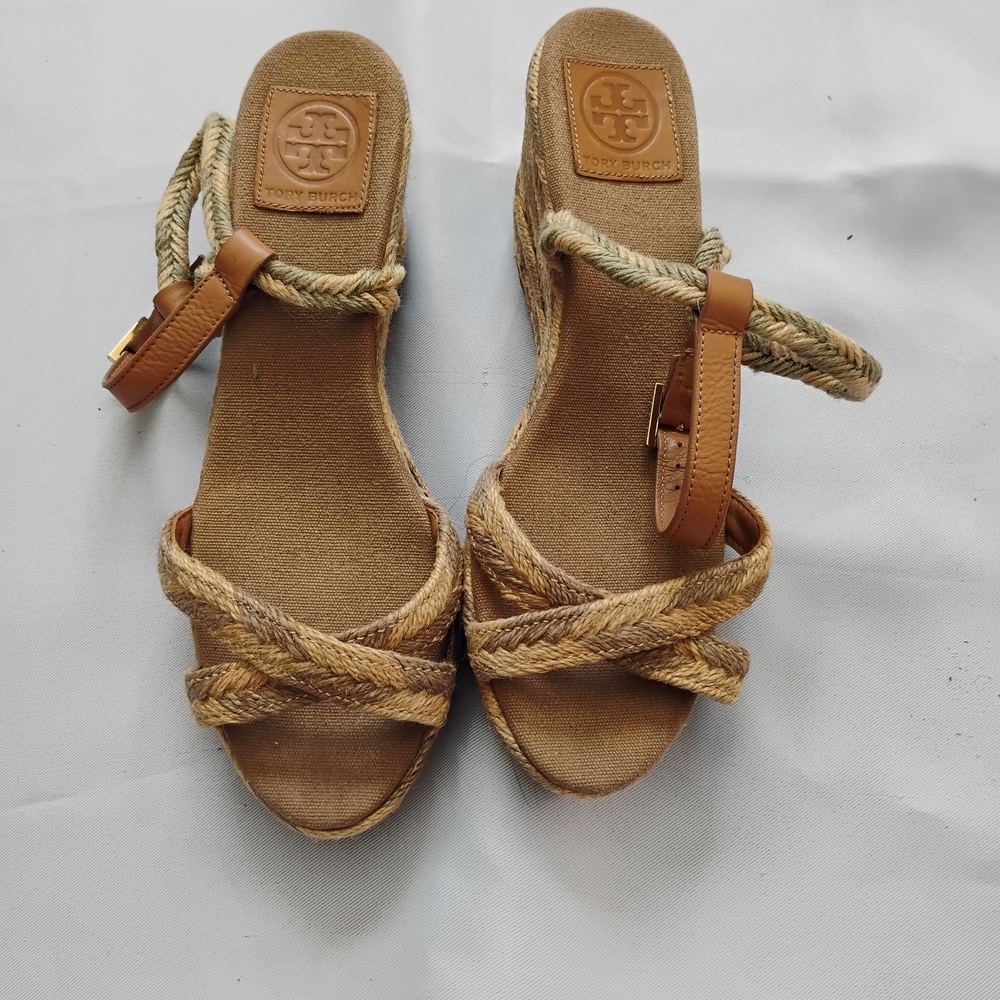 Tory Burch Tan Woven Strappy Wedge Sandals